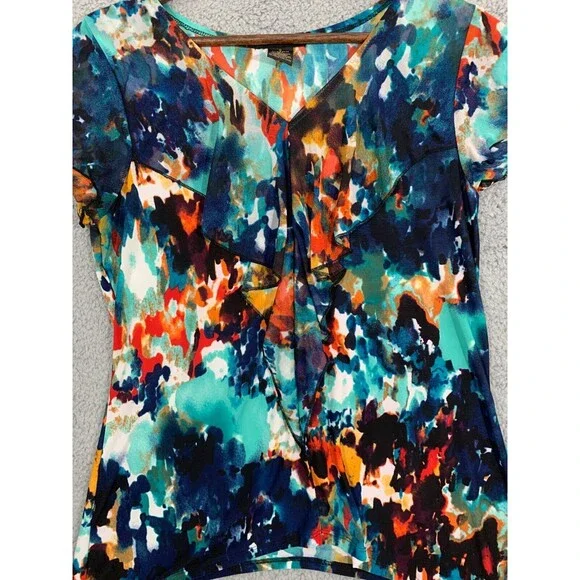 SUSAN LAWRENCE Small (S) Vibrant Multicolor Ruffle Capped Sleeve Top Blouse - Picture 2 of 8
